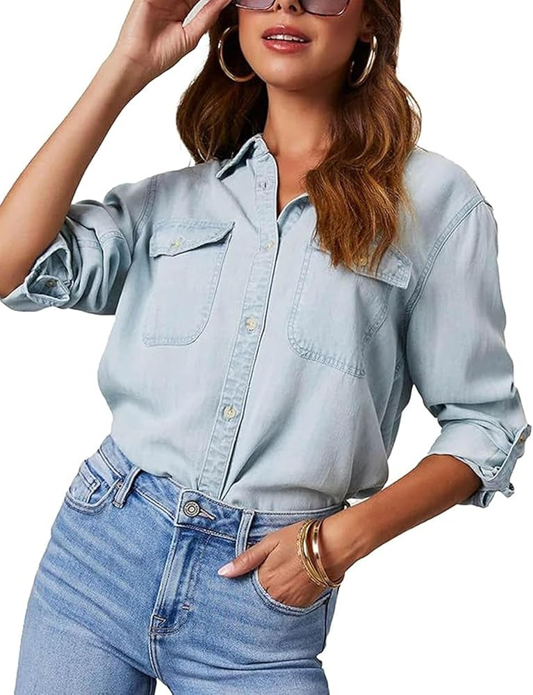 Womens Chambray Denim Shirts,Blue Button Down Shirt,Casual Collared Blouse,Long Sleeve V Neck Top... | Amazon (US)