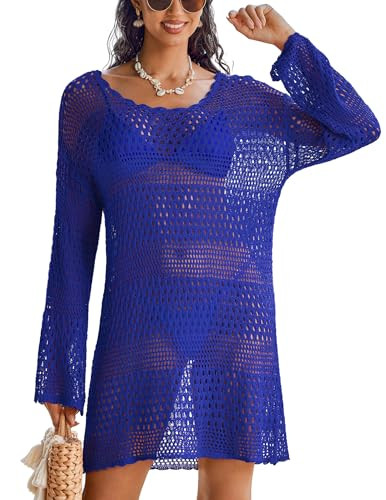 AI'MAGE White Crochet Cover Up Swim Cover Up Long Sleeve Mesh Mid Length Beach Cover up White S | Amazon (US)