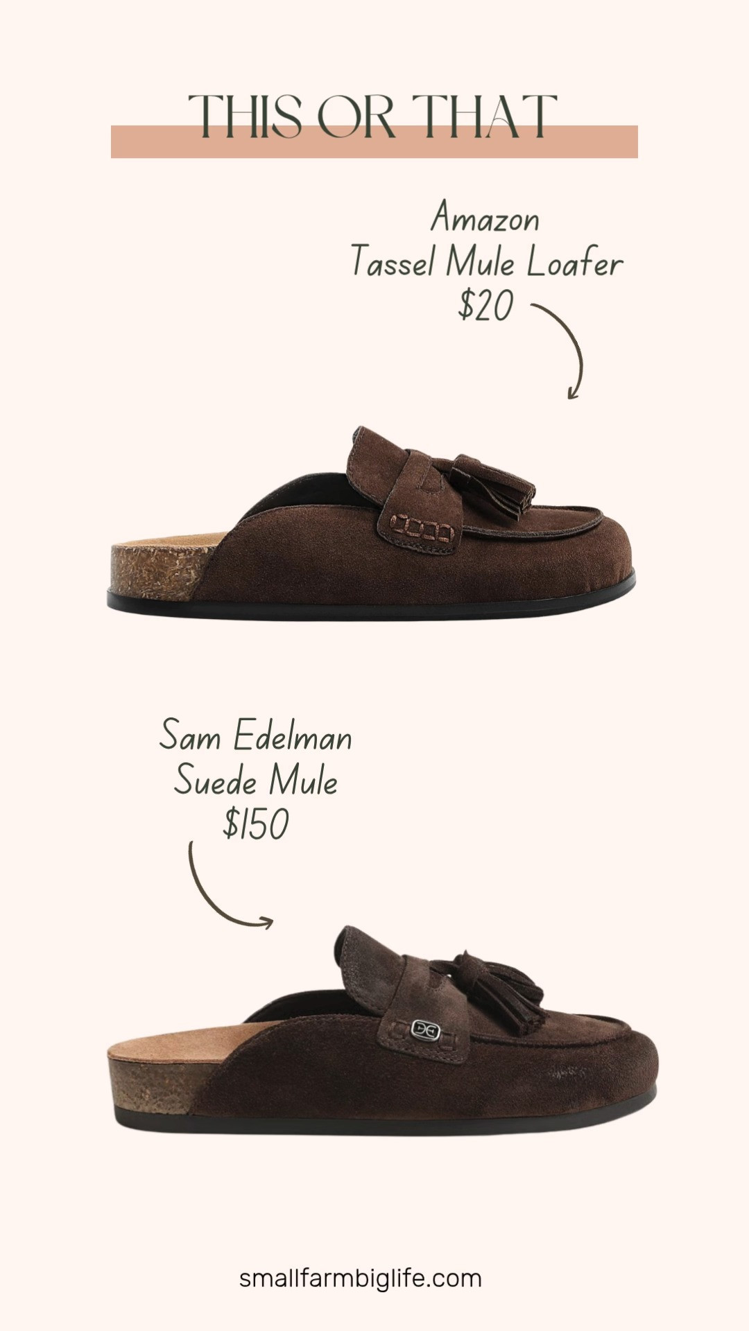 This or that: splurge or save on this fall's suede mule trend? The Sam Edelman Astrid Mule in espresso bean suede is a gorgeous, polished pick with that classic clog silhouette. For a similar look at a fraction of the price, the ZJGZF suede clogs in chocolate brown bring the same round toe, tassel detail, and cork sole style for easy everyday wear.

Which one are you adding to cart?

#thisorthat #splurgeorsave #fallshoes #suedeclogs #amazonfinds 

 #LTKgrwm #LTKootd #LTKOver40