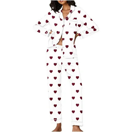 Rciityk Womens Loungewear Set - Valentines Day Cute Heart Print Button Up Long Sleeve with Long Pants Pjs Sets - Pajama Sets for Women 2 Piece | Walmart (US)