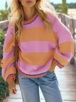 Fisoew Womens Oversized Sweaters Casual Long Sleeve Striped Color Block Crewneck Knitted Loose Fa... | Amazon (US)