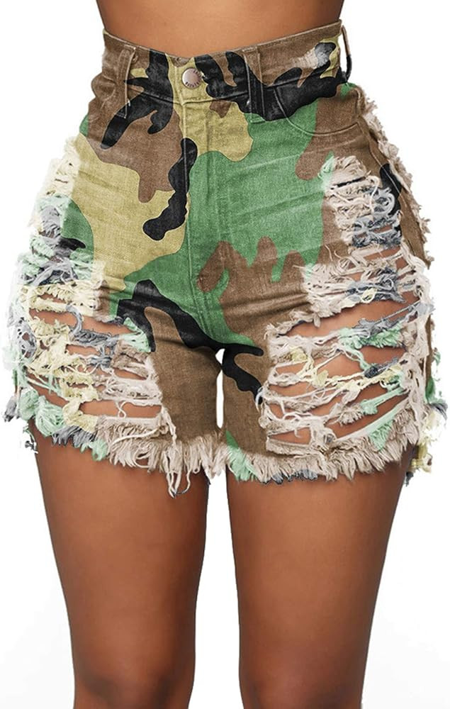 Romastory Womens High Waisted Jean Shorts Ripped Tie-dye Stretchy Denim Shorts for Women | Amazon (US)