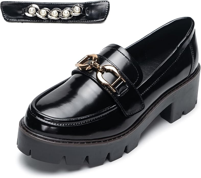 youngshow Platform Loafers for Women Chunky Heel Women's Loafers Round Toe Leather Penny Loafers ... | Amazon (US)