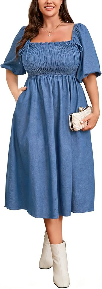EYWOL Summer Plus Size Denim Dress L-4XL, Reversible Off Shoulder Short Sleeve with Pockets, Jean... | Amazon (US)