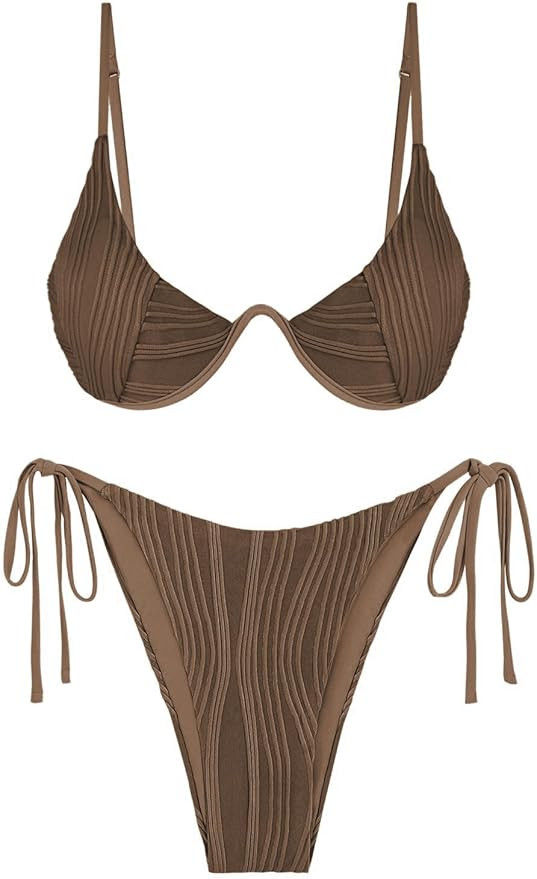 ZAFUL Women's Textured Underwire Bikini Set V Notch High Cut Swimwear Tie Side Ribbed Sexy Swimsu... | Amazon (US)