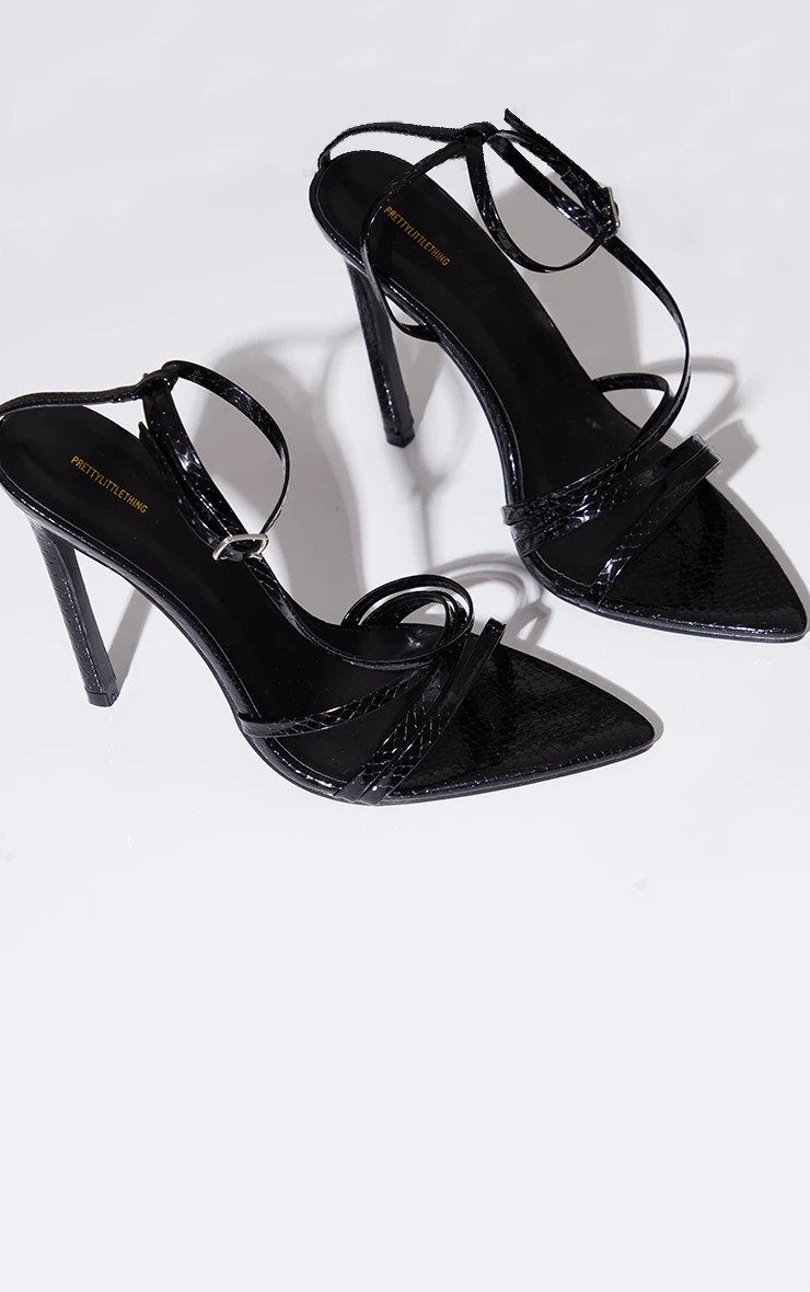 Black Patent Snake Pu Point Toe Strappy Stiletto Heel Sandals | PrettyLittleThing US