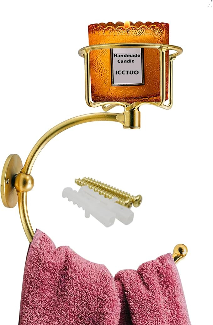 Gold Hand Towel Holder for Bathroom Wall, Towel Hook with Wall Candle Holder,Elegent Towel Ring R... | Amazon (US)