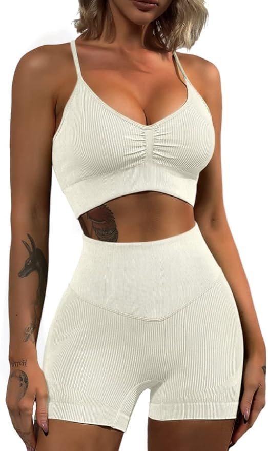 QINSEN Workout Sets for Women 2 Piece Cross Back Straps Sports Bra Seamless Shorts Yoga Gym Activ... | Amazon (US)