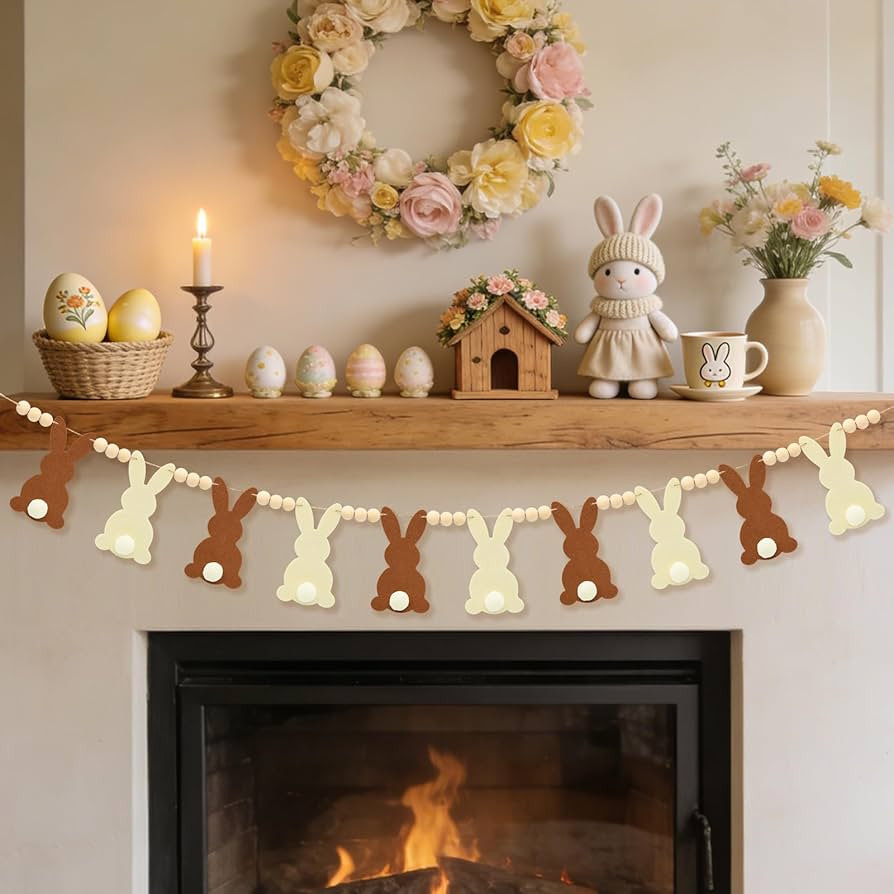 Easter Bunny Beaded Garland, Neutral Beige Brown Bunny Banner with Wooden Beads, Easter Decoratio... | Amazon (US)