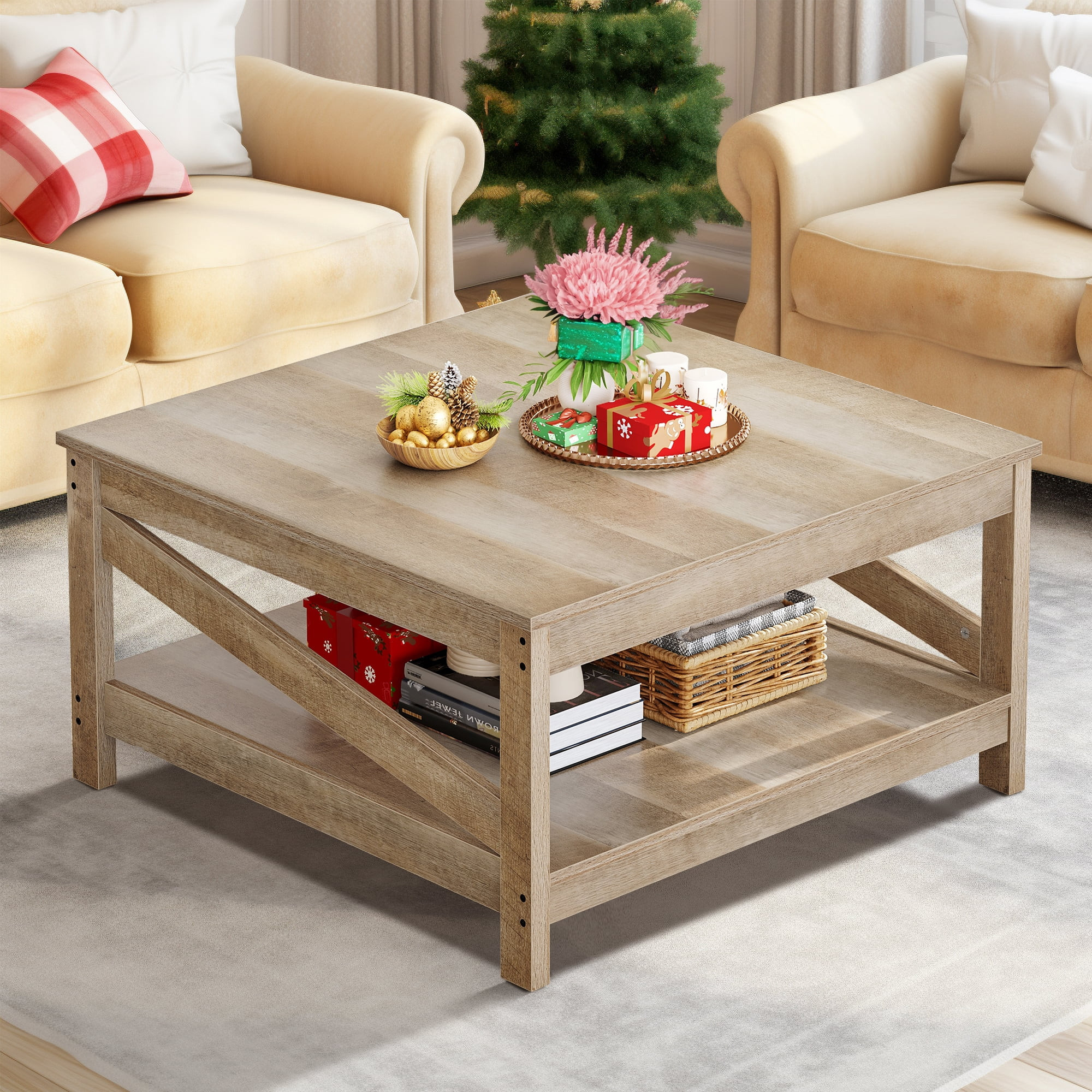 Dextrus Coffee Table with Storage, Farmhouse Cocktail Center Table for Living Room, Oak | Walmart (US)