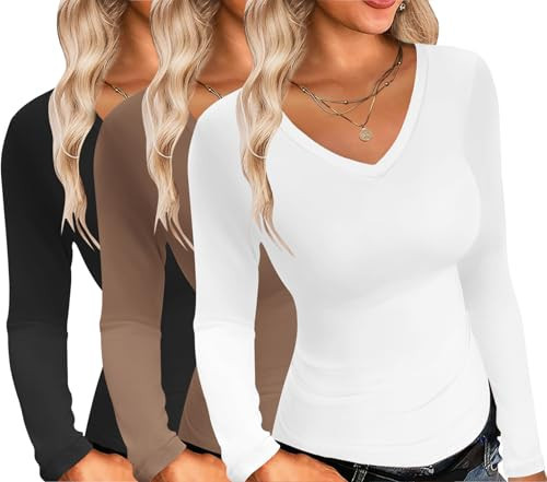 Ekouaer Womens 3 Pack V Neck Long Sleeve Shirts Slim Fit Lightweight Layering Tops Thermal Undershirts Black/White/Tea Grey L | Amazon (US)