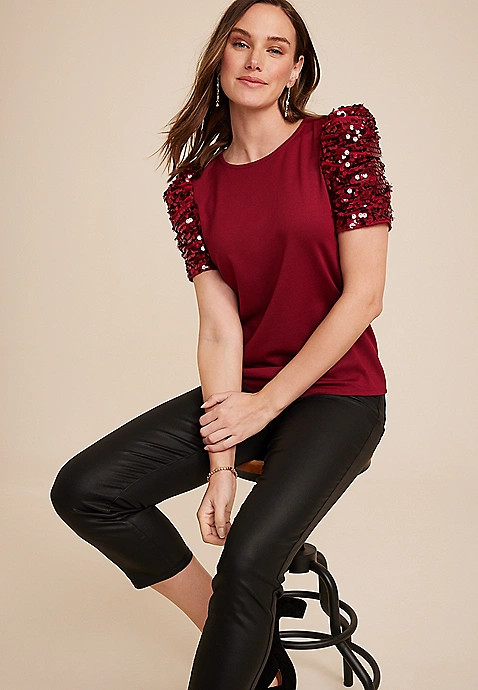 edgely™ Sequin Puff Sleeve Blouse | Maurices