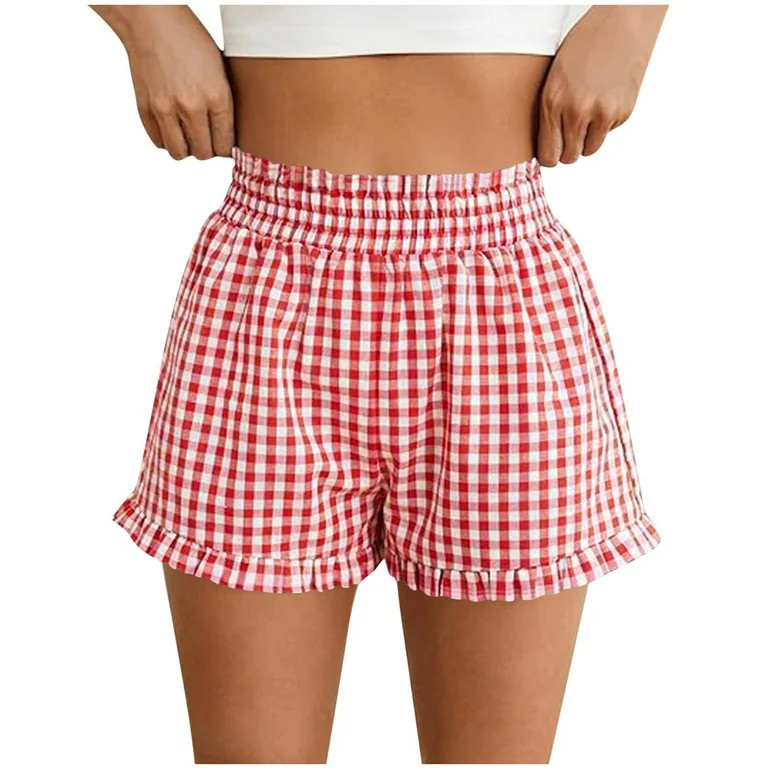 Lovzfmll Shorts for Women, Comfy Gingham Plaid Beach Bottoms with Pockets, Casual Ruffle Hem Loun... | Walmart (US)