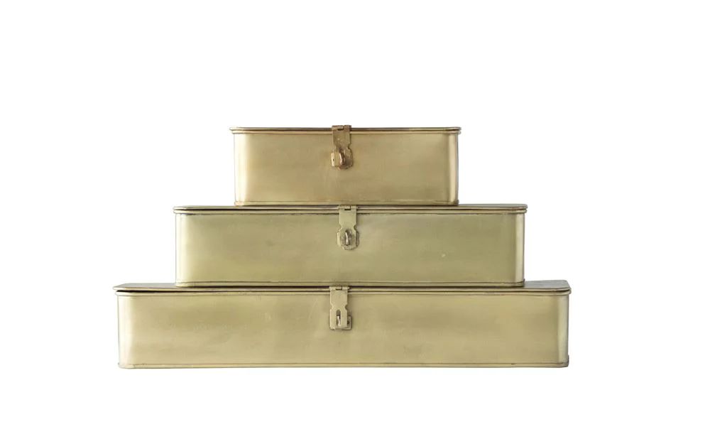 Set of 3 Decorative Metal Boxes in Brass Finish | Burke Decor