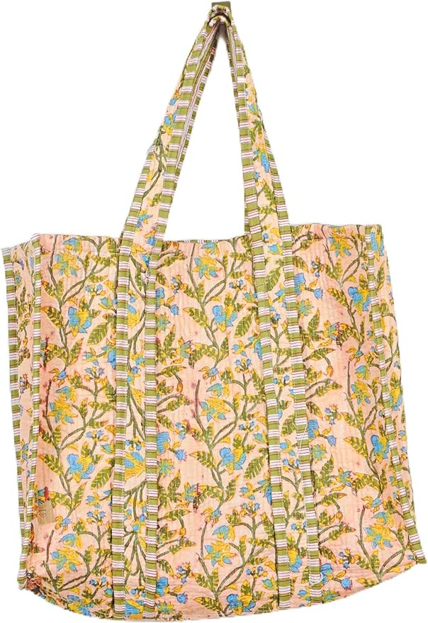 Quilted Cotton Handprinted Reversible Large multicolor Floral Tote Bag | Amazon (US)