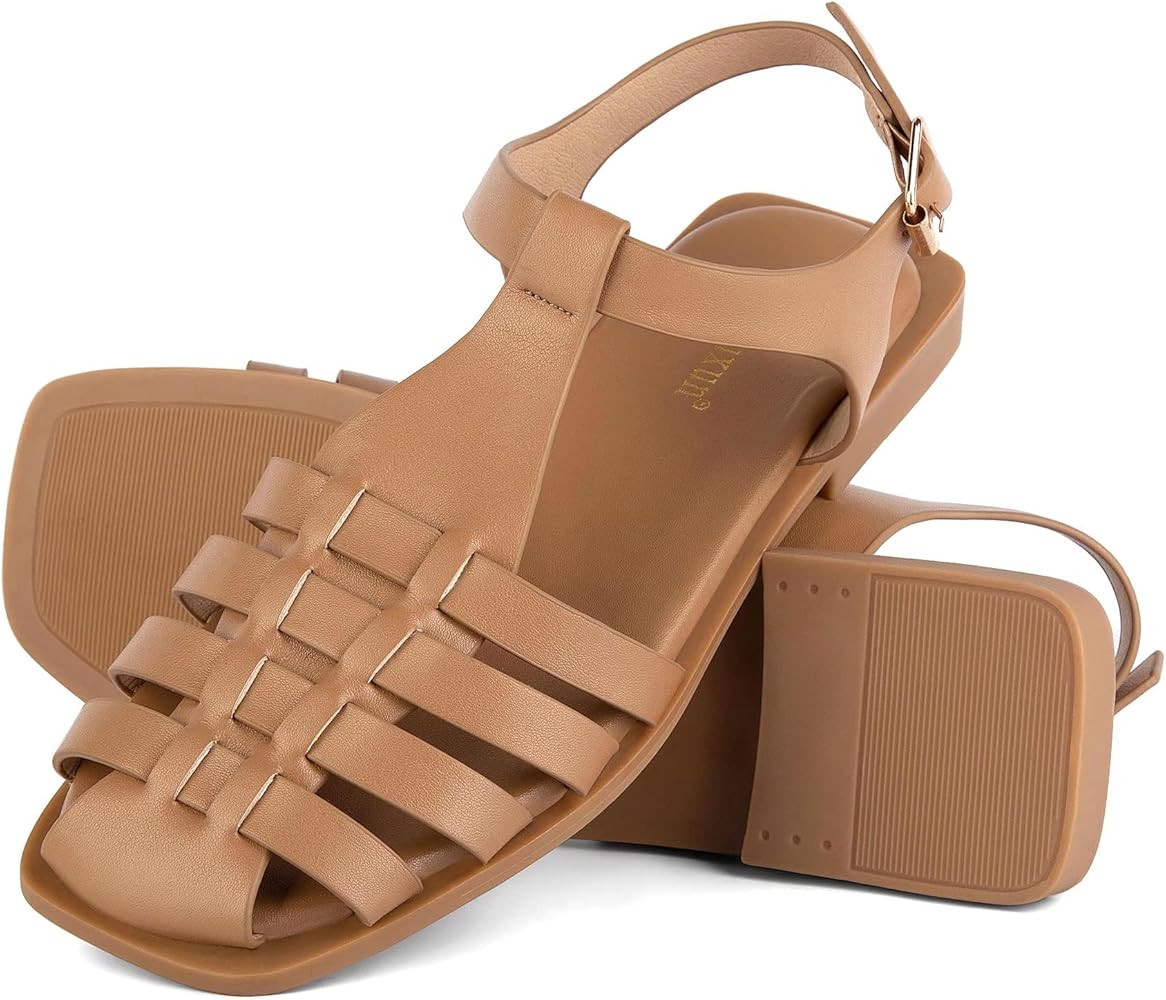 MaxMuxun Women's Closed Toe Flat Sandals Comfortable Ankle Strap Cut Out Cage Summer Roman Shoes | Amazon (CA)