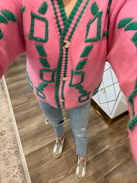 Spring sweater, pink and green sweater, agolde jeans, golden goose sneakers 

#LTKworkwear #LTKshoecrush #LTKSeasonal
