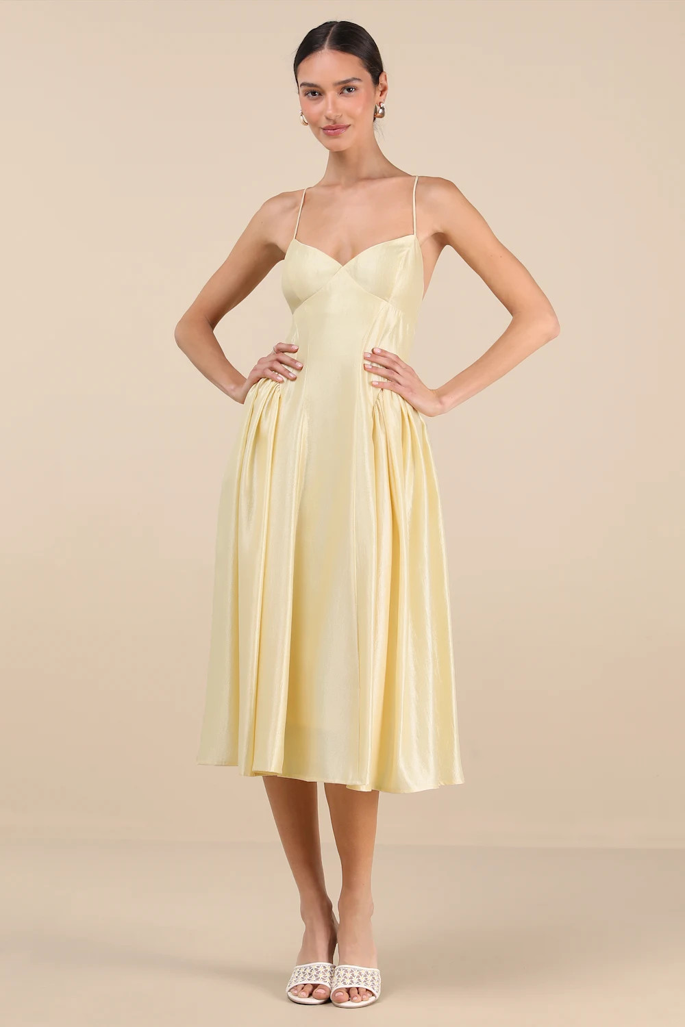 Paride Shiny Light Yellow Gathered Lace-Up Midi Dress | Lulus