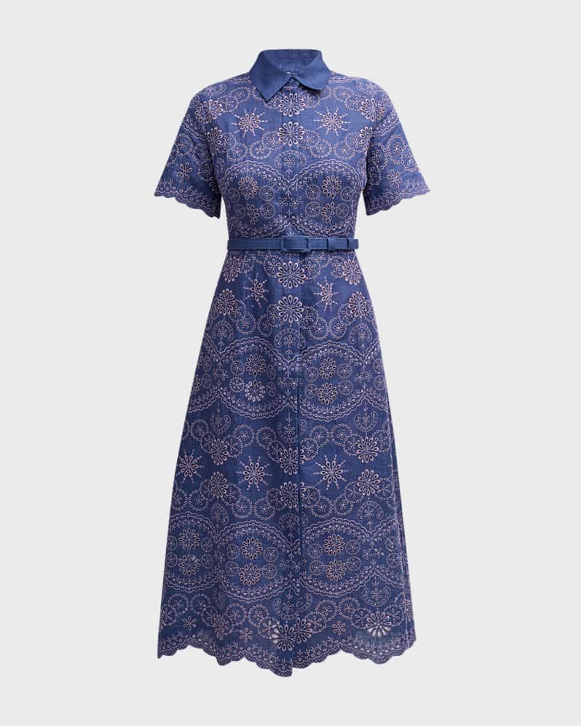 Neda Eyelet Embroidered Linen Midi Shirtdress | Neiman Marcus