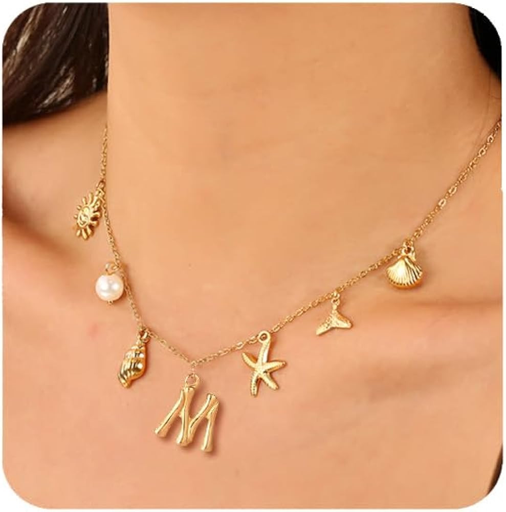 Gold Initial Charm Necklace for Women Summer Beach Shell Starfish Letter Necklace A-Z Name Person... | Amazon (US)