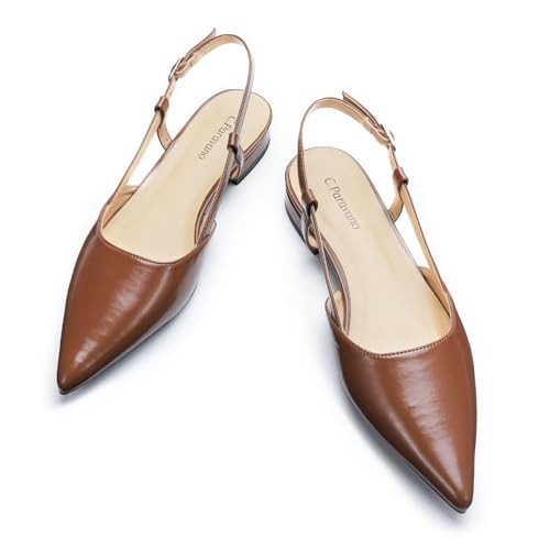C.Paravano Slingback Flats for Women | Pointed Toe Flats Sandals | Adjustable Ankle Strap Slingback | Casual Dress Leather Slip on Shoes (Size6,Brown Flats) | Amazon (US)
