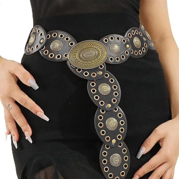 Women Wide-Disc Western-Belts Vintage-Cowgirl Concho-Waist Belt Chunky Country Belts for Jeans Pa... | Amazon (US)