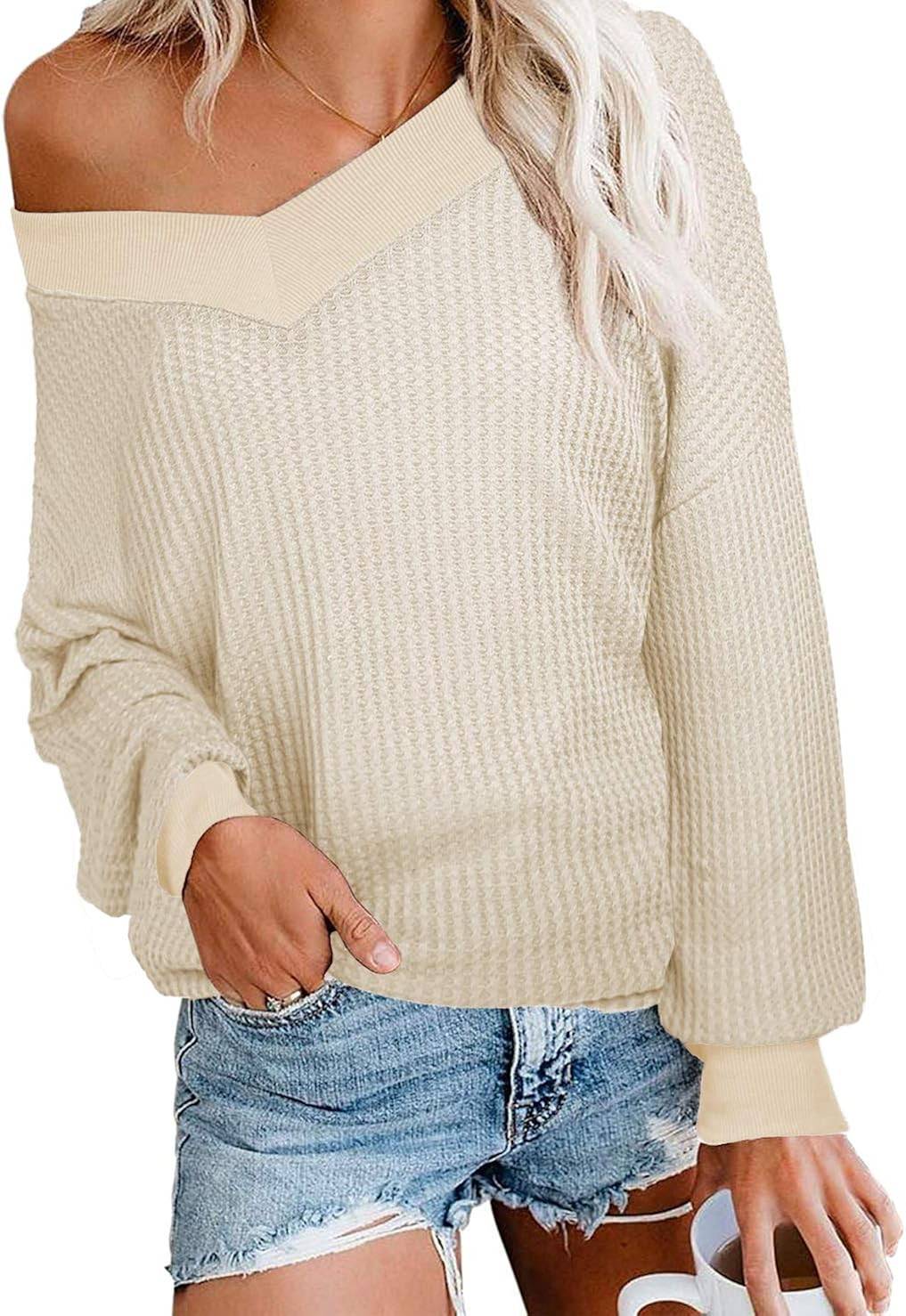 iGENJUN Women's Casual V-Neck Off-Shoulder Batwing Sleeve Pullover Sweater Tops | Amazon (US)