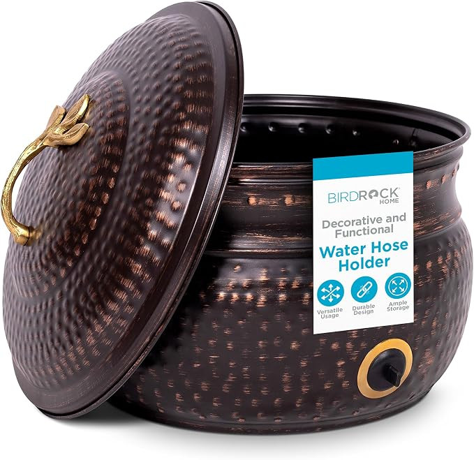 BIRDROCK HOME Water Hose Holder - Decorative Metal Pot, Indoor or Outdoor, Garden Storage Organiz... | Amazon (US)