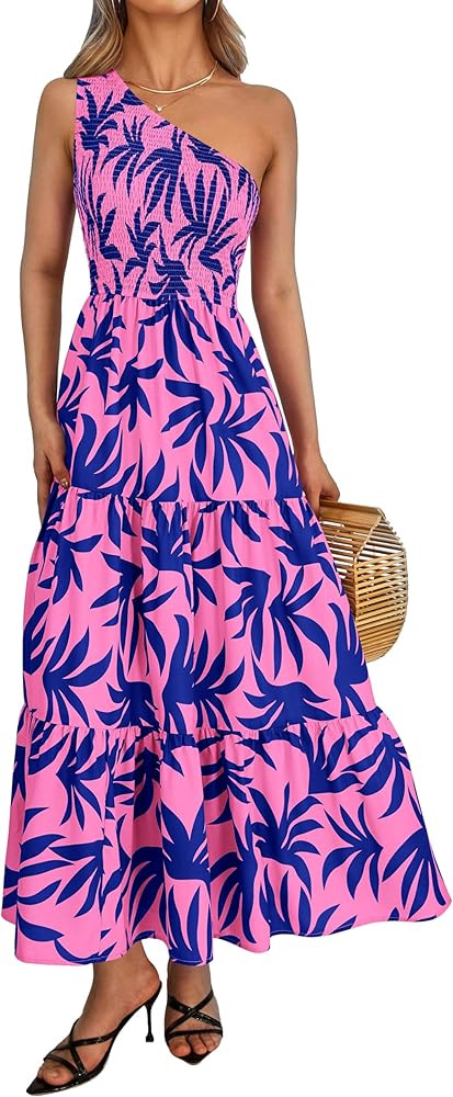 XIONGMEI Women Summer Dresses 2024 Sexy One Shoulder Sleeveless Smocked Floral Print Boho Flowy S... | Amazon (US)