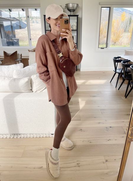 FASHION \ cozy fall neutral outfit! Amazon shacket find🤎 wearing a medium - oversized! Paired with new brown Lulu lemon leggings, Sherpa slippers and a teddy hat🐻

#LTKSeasonal #LTKstyletip