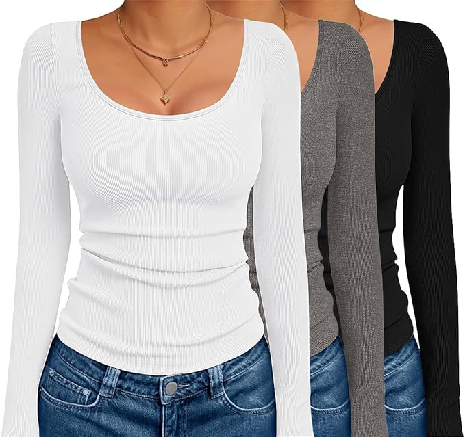 Ekouaer 3 Pack Long Sleeve Shirts for Women Scoop Neck Ribbed Thermal Tops Slim Fit Basic Undersh... | Amazon (US)