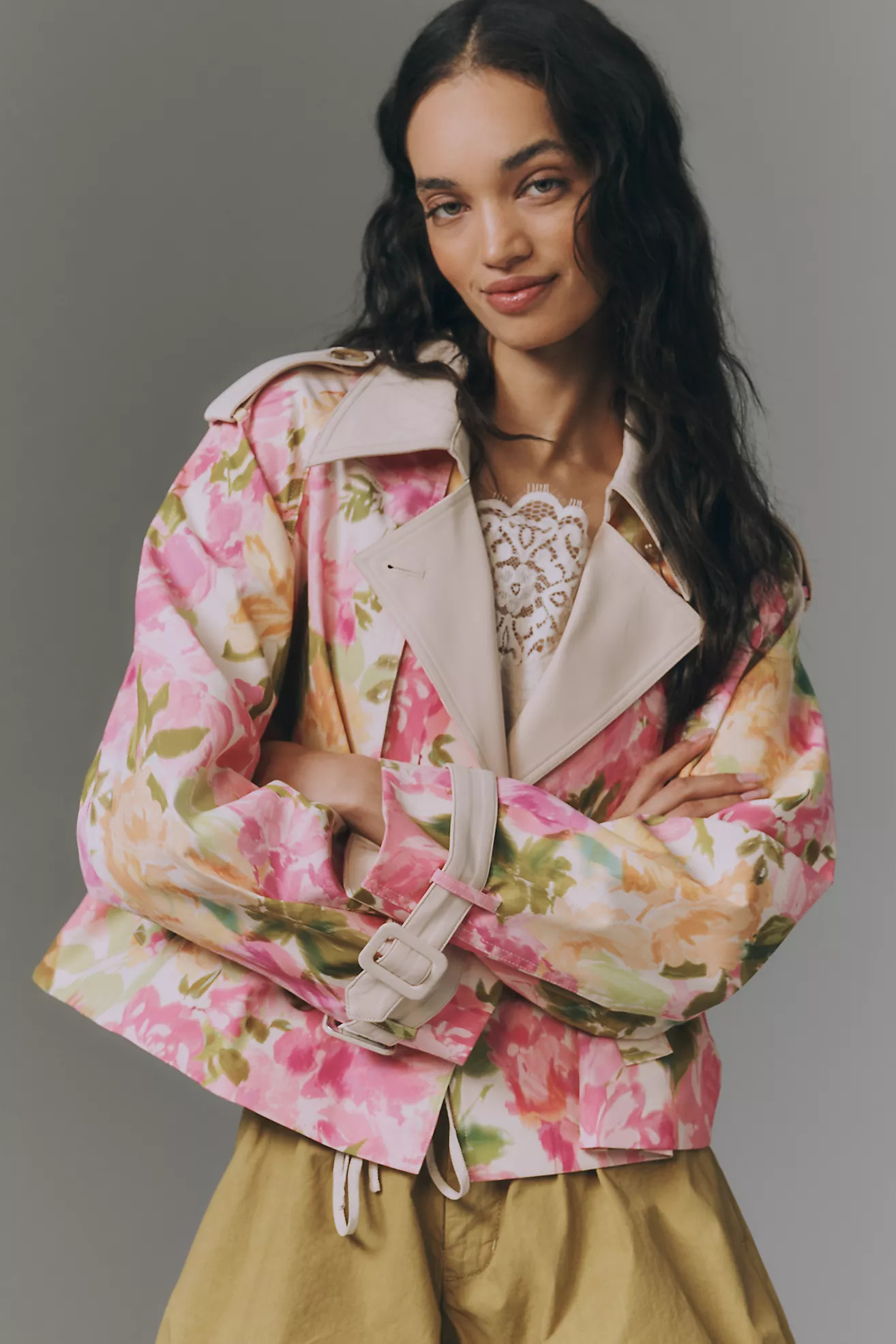 Maeve Retro Floral Cropped Trench Coat | Anthropologie (US)