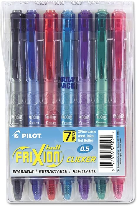 Pilot FriXion Clicker Erasable Gel Pens, Extra Fine Point 0.5 mm, Pack of 7, Assorted Colors | Amazon (US)