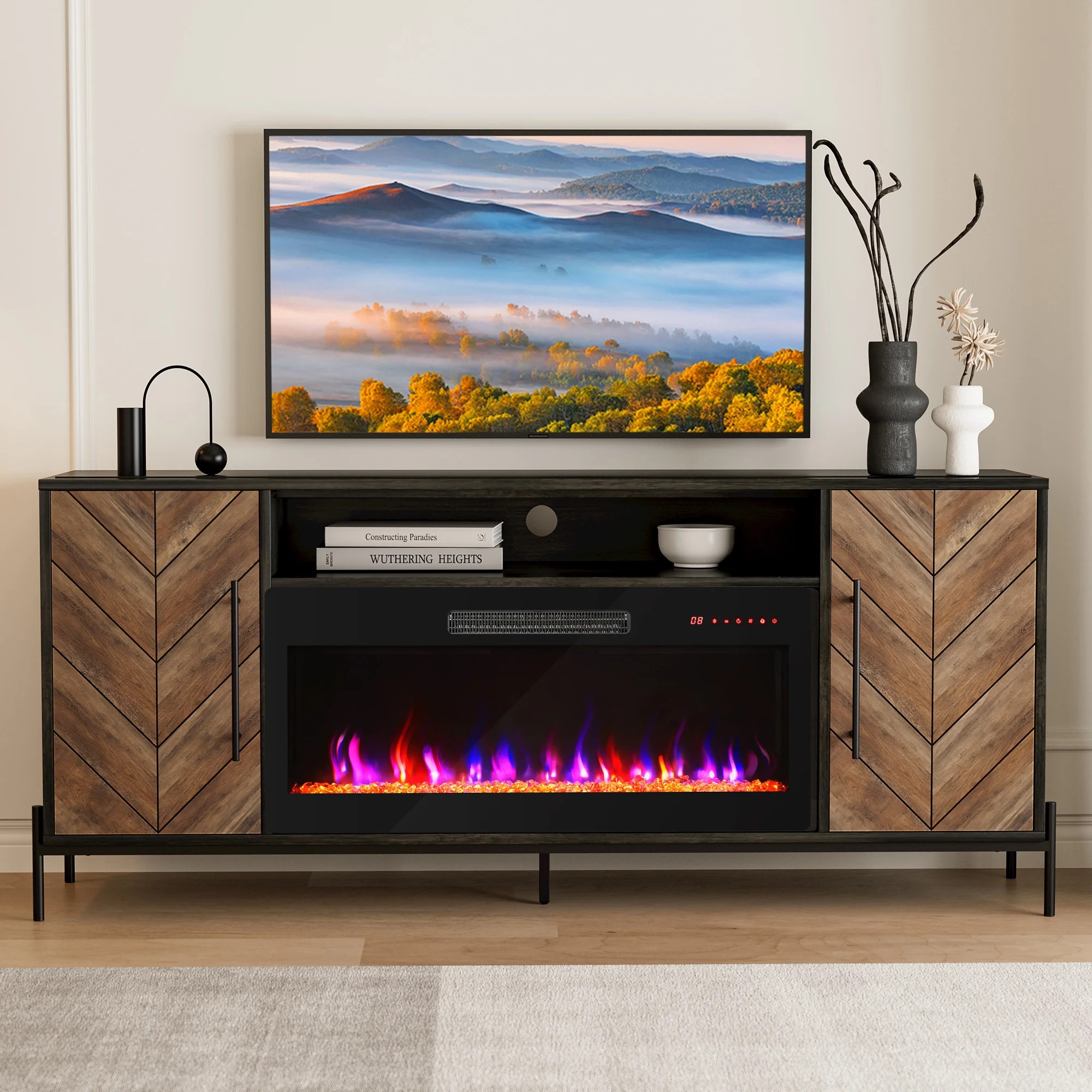 BELLEZE 68" Wood TV Stand with 36" Electric Fireplace, Entertainment Center with Storage Cabinet,... | Walmart (US)