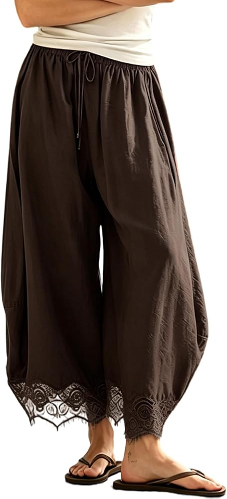 Lace Hem Wide Leg Pants for Women Summer Casual Lightweight Flowy Palazzo Pant Beach Vacation Out... | Amazon (US)