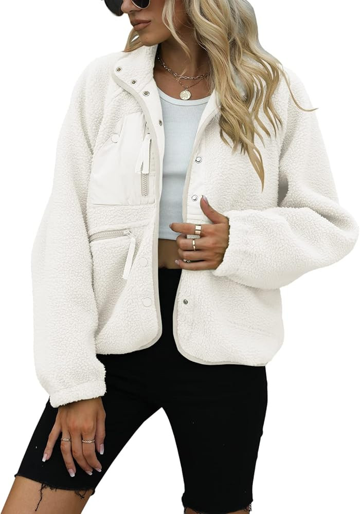Yanekop Womens Fleece Jacket Fuzzy Long Sleeve Short Coats Button Down Sherpa Outerwear with Pockets | Amazon (US)