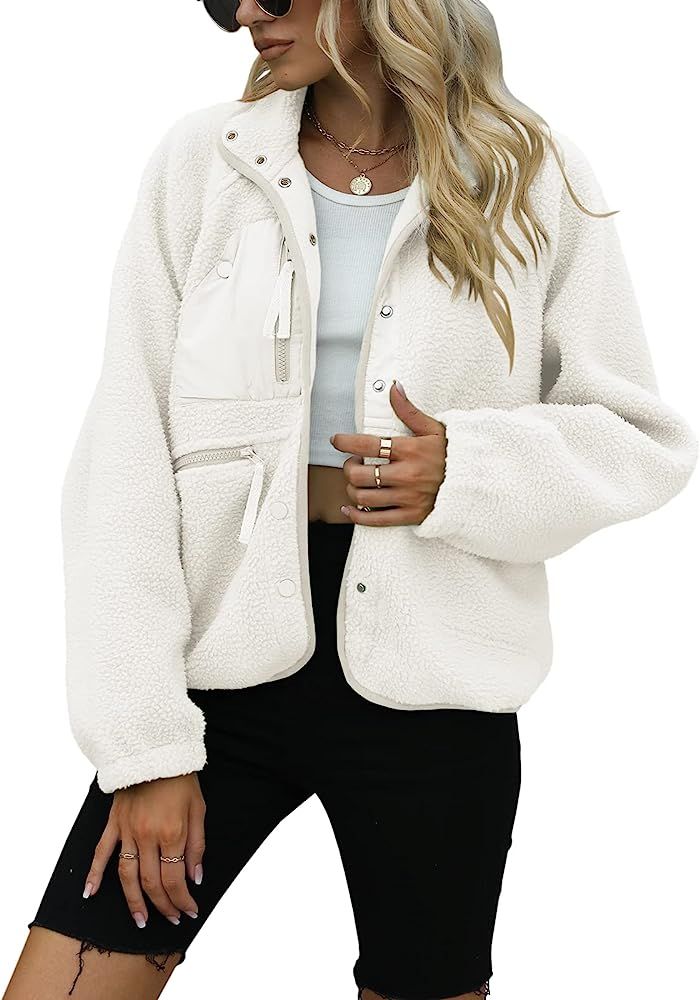 Yanekop Womens Fleece Jacket Fuzzy Long Sleeve Short Coats Button Down Sherpa Outerwear with Pock... | Amazon (US)