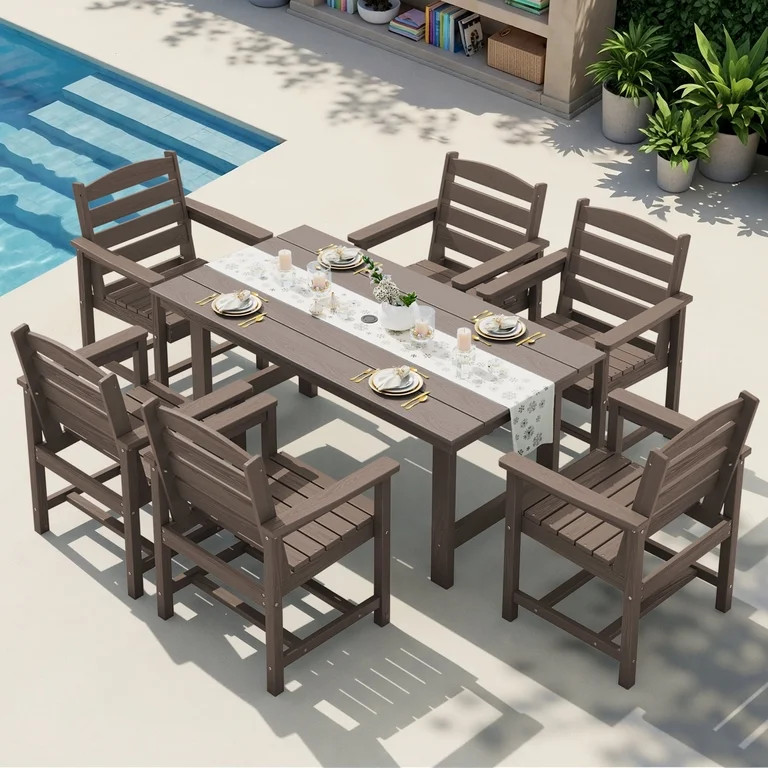 KINGYES 7-Piece Outdoor Dining Set, HDPE Patio Table and Chairs with Umbrella Hole, Dark Brown | Walmart (US)