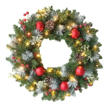 Pre-Lit Christmas Wreath with Lights Artificial Christmas Wreath Decorated with Pine Cones Berry Clusters Frosted Branches Ball Ornaments Christmas Decorations for Window Indoor & Outdoor 30CM+20LED | Walmart (US)