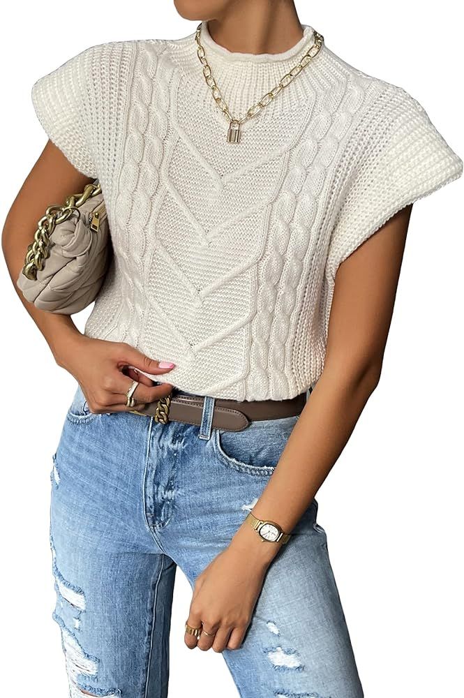 GORGLITTER Women's Cable Knit Mock Neck Sweater Vest Short Sleeve Solid Pullover Tops | Amazon (US)