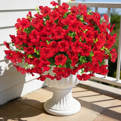 Ouddy Decor 12 Pcs Artificial Geranium Flowers for Outdoors, Fake Silk Flowers UV Resistant Realistic Geraniums Faux Plastic Plants for Spring Summer Garden Porch Planter Outdoor Home Decor, Red | Amazon (US)