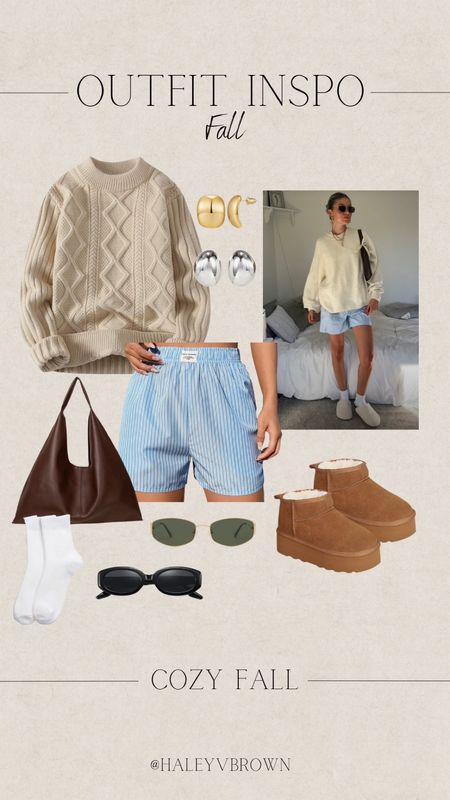 Striped Shorts, Oversized Sweater, Thick Sweater, Neutral Sweater, Chunky Gold Earrings, Silver Chunky Earrings, Rectangle Sunglasses, Ankle Socks, Loafer Socks, Ugg Boots, Brown Handbag, Fall Outfit, Casual Fall Outfit

#LTKSeasonal #LTKstyletip #LTKshoecrush