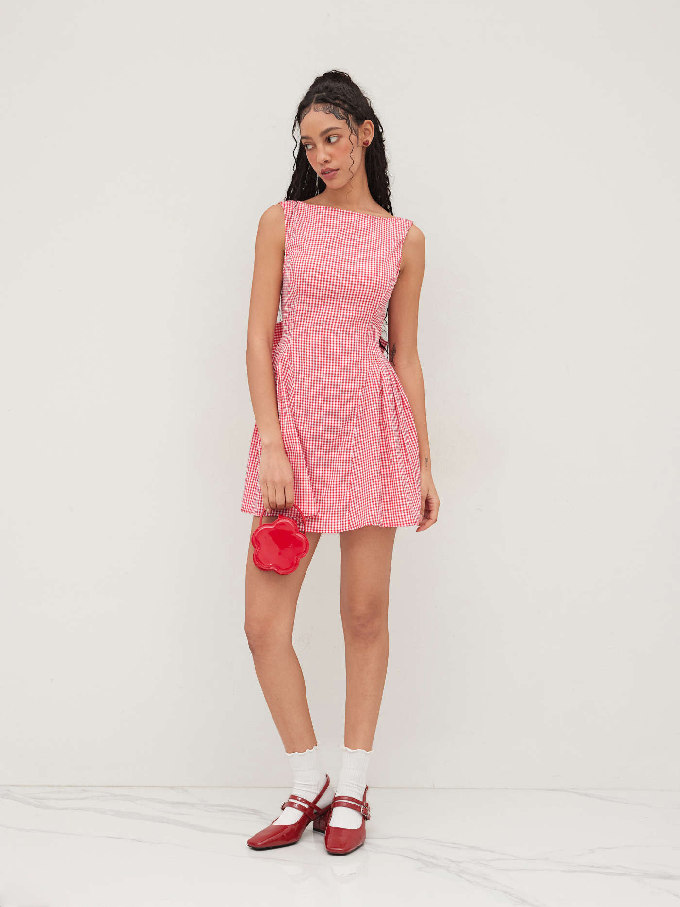 Woven Boat Neck Gingham Bowknot Backless Mini Dress For Date | Cider