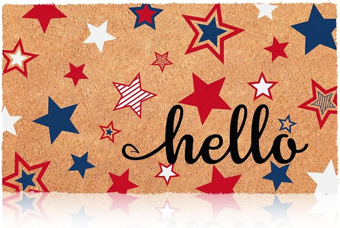 Patriotic Natural Coir Door Mat 4th of July Red White Blue Star Welcome Mat Non Slip Independence... | Amazon (US)