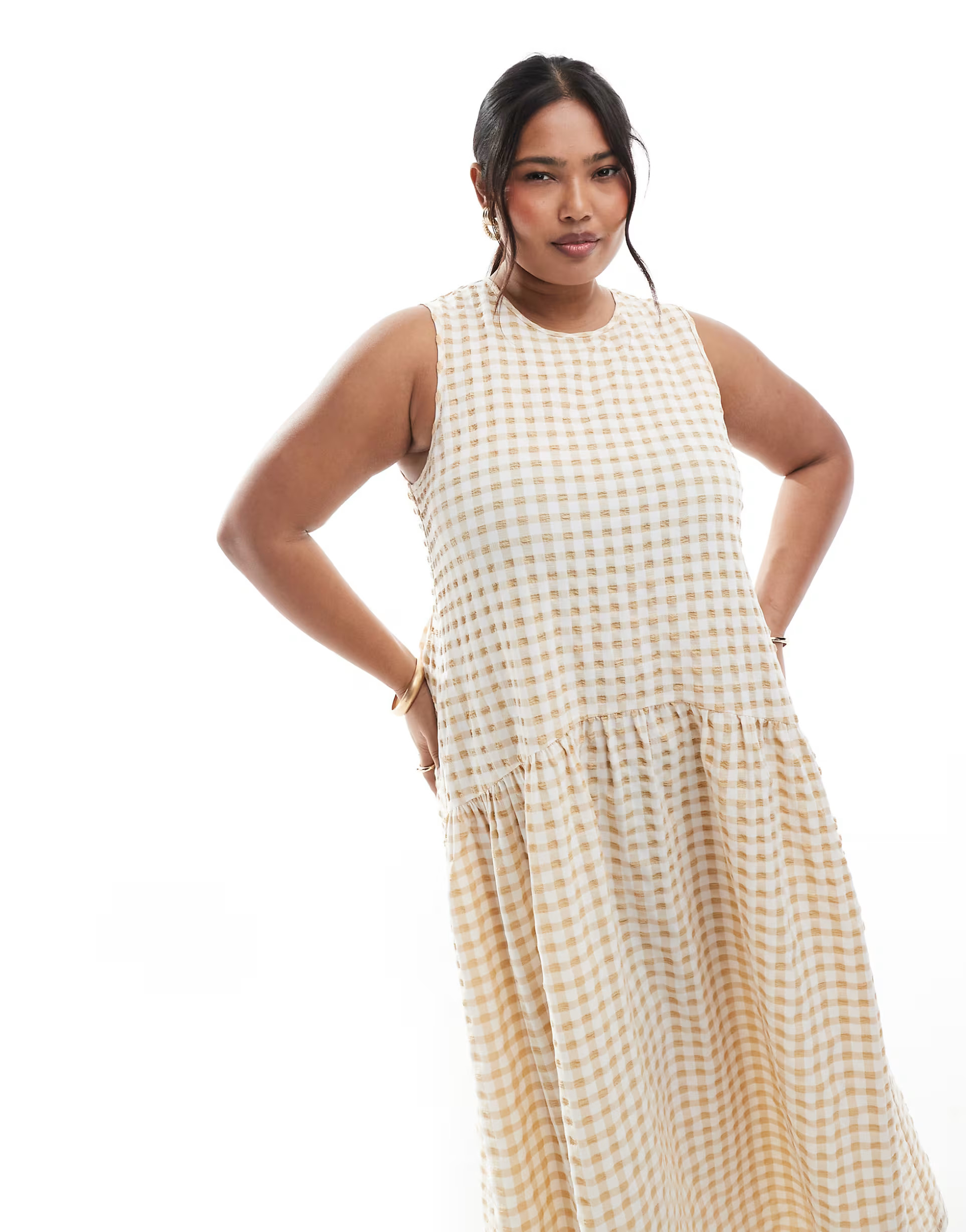 Renee Studio Plus exclusive open tie back detail sleeveless smock maxi dress in beige gingham | ASOS (Global)