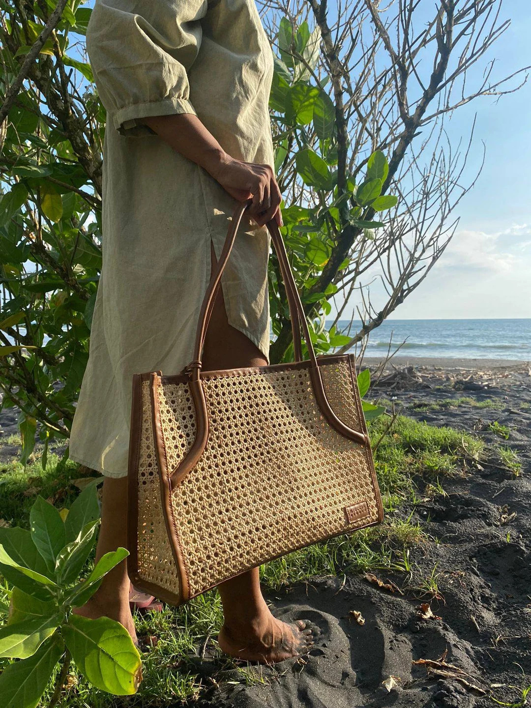 Mary Natural Rattan and Brown Leather Tote Bag, Large Bag | Etsy (US)
