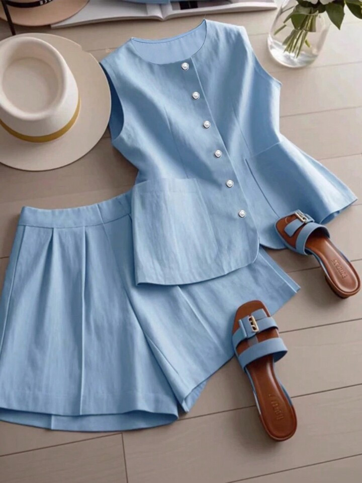 Franclia 2pcs Women Casual Solid Color Linen-Like Fitted Crew Neck Vest & Wide Leg Shorts Set, Sp... | SHEIN