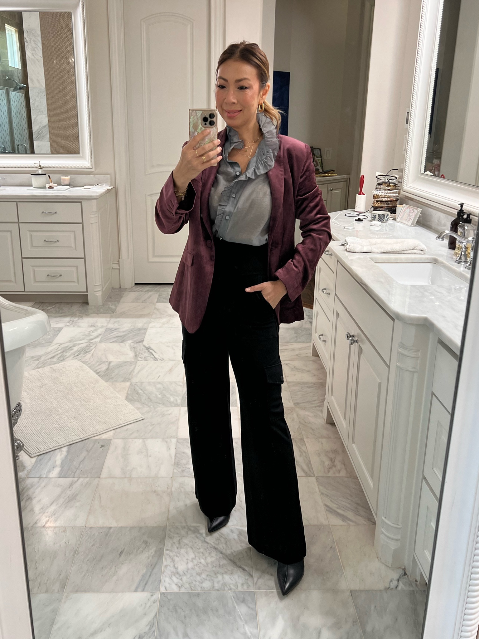 Super cute ruffle collar shirt & wine colored velvet blazer - work outfit, Fall transition 🍂 #styleofsam #cabiclothing

#LTKworkwear #LTKover40 #LTKstyletip