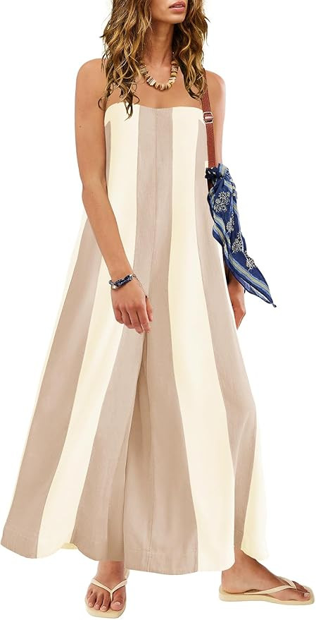 ReachMe Womens One Piece Fall Jumpsuits Strapless Tube Wide Leg Pants Striped Romper with Pockets... | Amazon (US)
