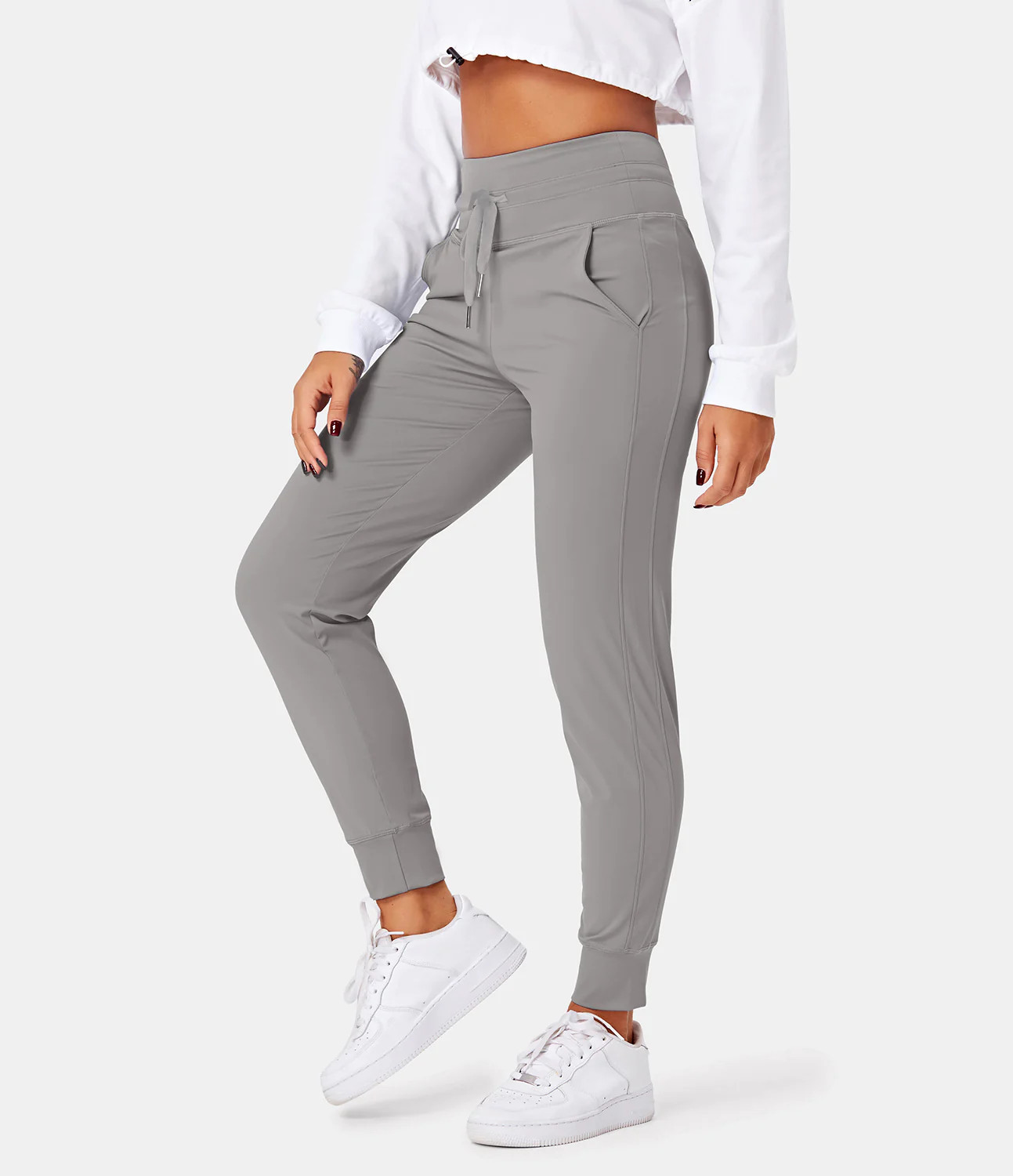 Halara Cloudful™ Air High Waisted Drawstring Side Pocket Plain Full Length Joggers - Gull - XL(regul | HALARA